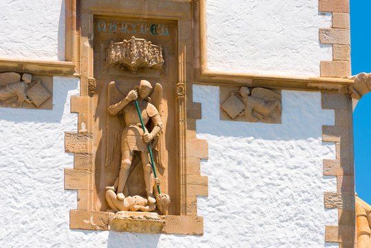 Sculpture and bas-reliefs on the building of the Museum Marisel de Mar, Sitges, Barcelona, Catalunya, Spain. Close-up.