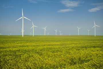 Eolian generators in a beautiful wheat field. eolian turbine farm,wind turbine, wind field with wind turbines. Wind propeller. Wheat Fiel Agriculture. 