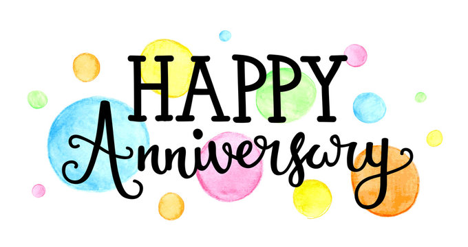 HAPPY ANNIVERSARY hand lettering icon with watercolour dots