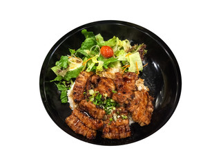 Isolated grilled pork on rice.