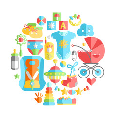 Vector flat infancy round illustration. Baby infancy products. T