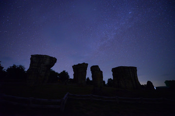 Mo Hin Khao National Park in Chaiyaphum, Thailand is comparable to Stonehenge with stars at night.