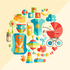 Fototapeta premium Vector flat infancy round illustration. Baby infancy products. T