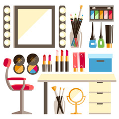 Vector flat Makeup worker's workplace set. Mirror, decorative co