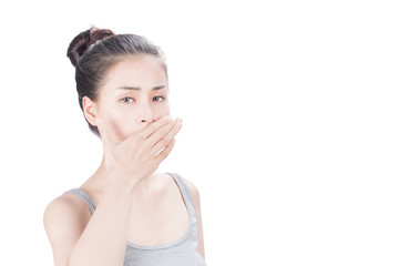 Woman covering mouth, on white isolated background.