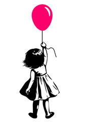 Vector hand drawn black and white silhouette illustration of a toddler girl standing with pink red balloon in hand, back view. Urban street art style graffiti stencil art design element.