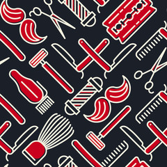 Barber shop seamless pattern with thin line icons of shaving accessories. Vector illustration for background in red and blue colors.