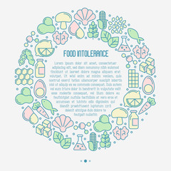 Food intolerance concept in circle with thin line icons of common allergens (gluten, lactose, soy, corn and more), sugar and trans fat, vegetarian and organic symbols. Vector illustration.