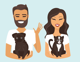 Young couple with dog and cat