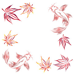 Japanese maple leaves and goldfish. Hand drawn vector brush frame.