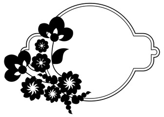 Black and white silhouette frame with decorative flowers. Vector clip art.