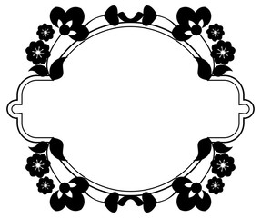Black and white silhouette frame with decorative flowers. Vector clip art.