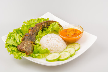 Isolated catfish fried ala Indonesia with condiments, Indonesian food