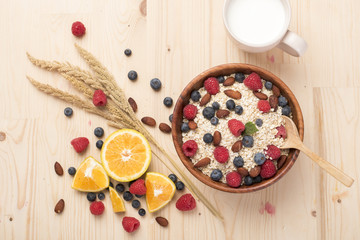 Healthy breakfast ingredients on wood table, Healthy food concept