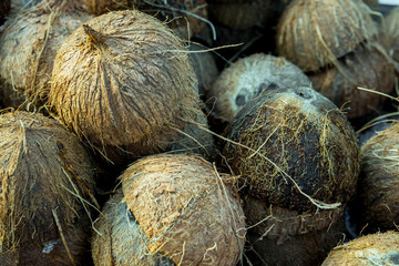 Huge pile of cracked in half empty coconuts shells, husks, collected for recycling, rough hairy texture, asia, india, thailand, Spain