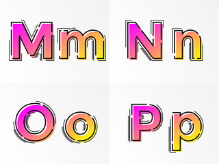 Alphabet set letters M, N, O, P vector font gradient color line