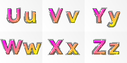 Alphabet letters V, Y, W, X, Y, Z vector font gradient color
