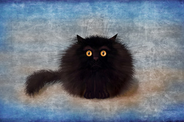 Fluffy Black Mad Kitten On Blue Background