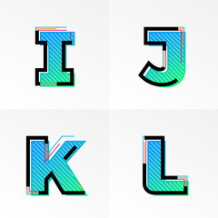 Font alphabet set letters I, J, K, L vector gradient color memphis