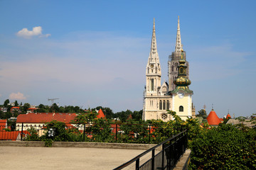 Zagreb skyline with Zagreb Cathedral and St. Mary Church. View from Strossmayer Promenade on Upper Town.
