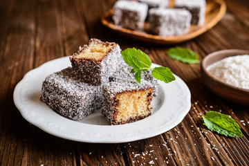 Lamington cakes with chocolate and coconut coating
