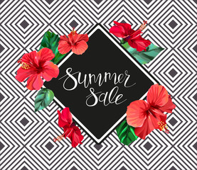 Summer sale announcement poster, banner, flyer. Composition with lettering on hibiscus flowers and leaves background.