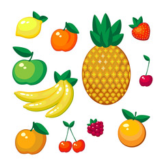 A set of pineapple fruits, apple, apricot, peach, cherry, cherry, raspberry, Lemon, orange, banana. Badges, stickers. Flat design .Vector illustration.
