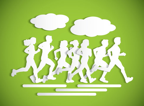 Flat running people sport maraphone cutout silhouette.