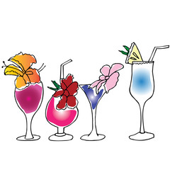 Cocktails with flowers and pineapple hand drawn