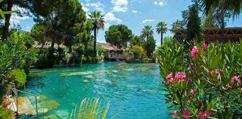 Panoramic view of the ancient thermal swimming pool Cleopatra in Pamukkale in Turkey