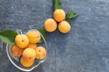 Juicy apricots with leaves on a dark background