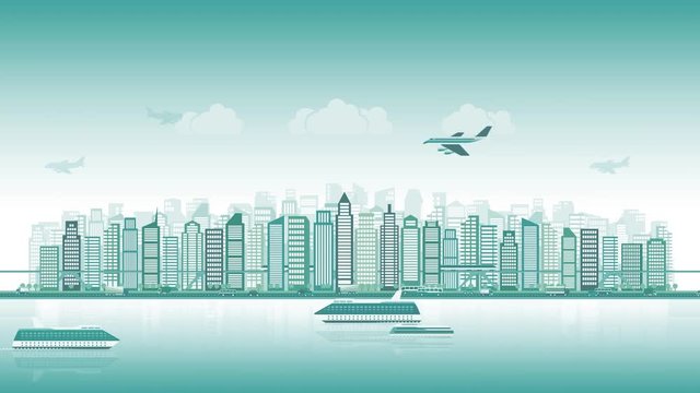 City skyline with traffic of various vehicles train airplane car ship in flat style, seamless loop, cityscape