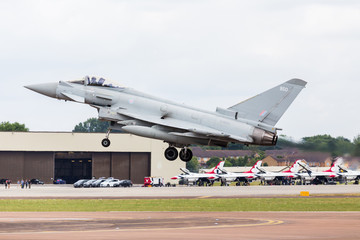 Fototapeta na wymiar RAF Typhoon FGR.4 descends into RIAT17