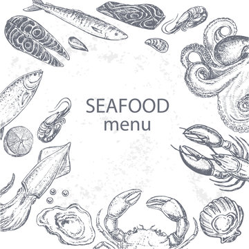 Octopus, squid, salmon, mussels, oysters, shrimps, lobster, fish. Hand drawn set seafood menu templates card