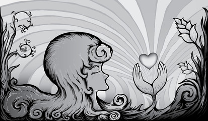 Abstract woman face with prayer and heart. Fantasy vector in unique style. 