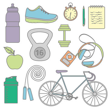 fitness icon set of tools for diet and sports