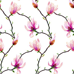 Seamless pattern with branches of pink magnolia isolated on a white background. Invitation. Wedding card. Birthday card. - 164996786