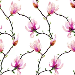 Foto op Canvas Seamless pattern with branches of pink magnolia isolated on a white background. Invitation. Wedding card. Birthday card. © ketrinkin1