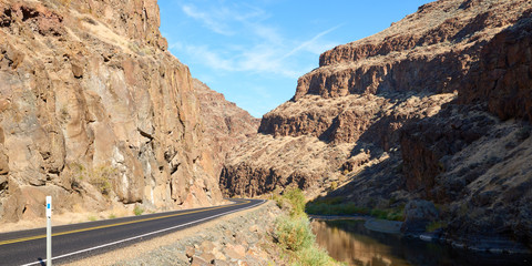 Panoramic surrealistic landscape of Picture Gorge in Eastern Oregon.