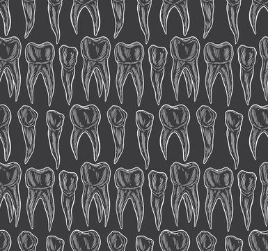 Stylized doodle, hand drawn outline of teeth. A seamless tooth pattern background. Decorative oral dental hygiene vector illustration