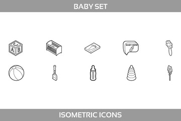 Simple Set of Newborn and Pregnancy Vector Line Icons. Contains such Icons as building blocks, rattle, stacking rings, baby bed, footprint, feeding bottle and more. 