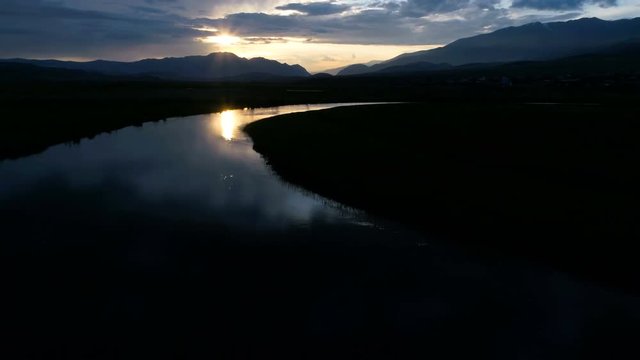 Aerial Video Of The Countryside In Iowa. Farms At Sunset. Freeway. Aerial Slow Motion 4k.