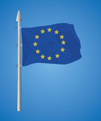 Waving flag of European union. Illustration of EU flag on flagpole with yellow stars on blue color. Vector 3d icon isolated on white background.