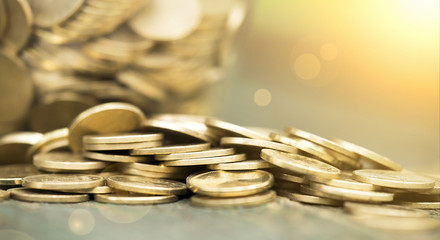 Website banner of golden coins - money savings concept