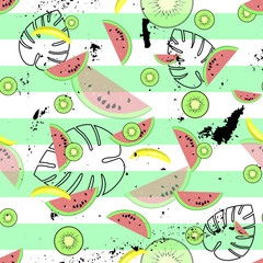 Hawaiian seamless pattern with tropical fruits and plants