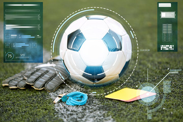 ball, gloves, whistle and cards on soccer field © Syda Productions