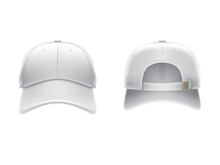 Vector realistic illustration of a white textile baseball cap front and back, isolated on white. Print, template, moc up, design element