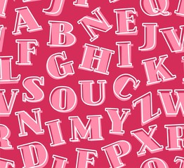 Pink letters, the English alphabet, background, seamless, colorful, vector. Pink letters with serifs on a dark pink background. Thin white outline on the letters is offset to the side.  