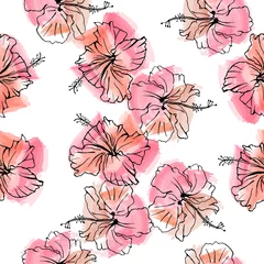Afwasbaar Fotobehang Hibiscus Hand getekende vector naadloze patroon van hibiscus bloemen. Schets op aquarel achtergrond.