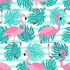 Cute exotic tropical seamless background with cartoon characters of pink flamingos © C Design Studio
